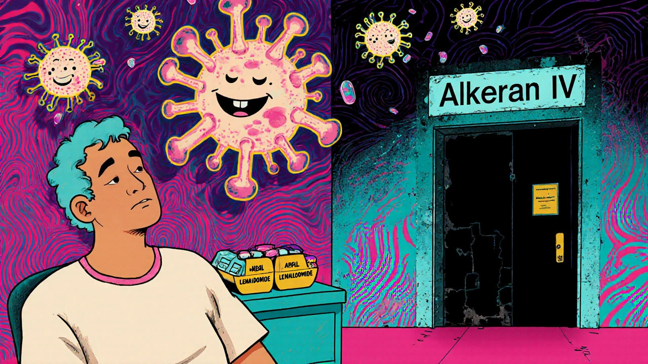 A patient at home with lenalidomide pills as immune cells attack cancer monsters in a psychedelic room.