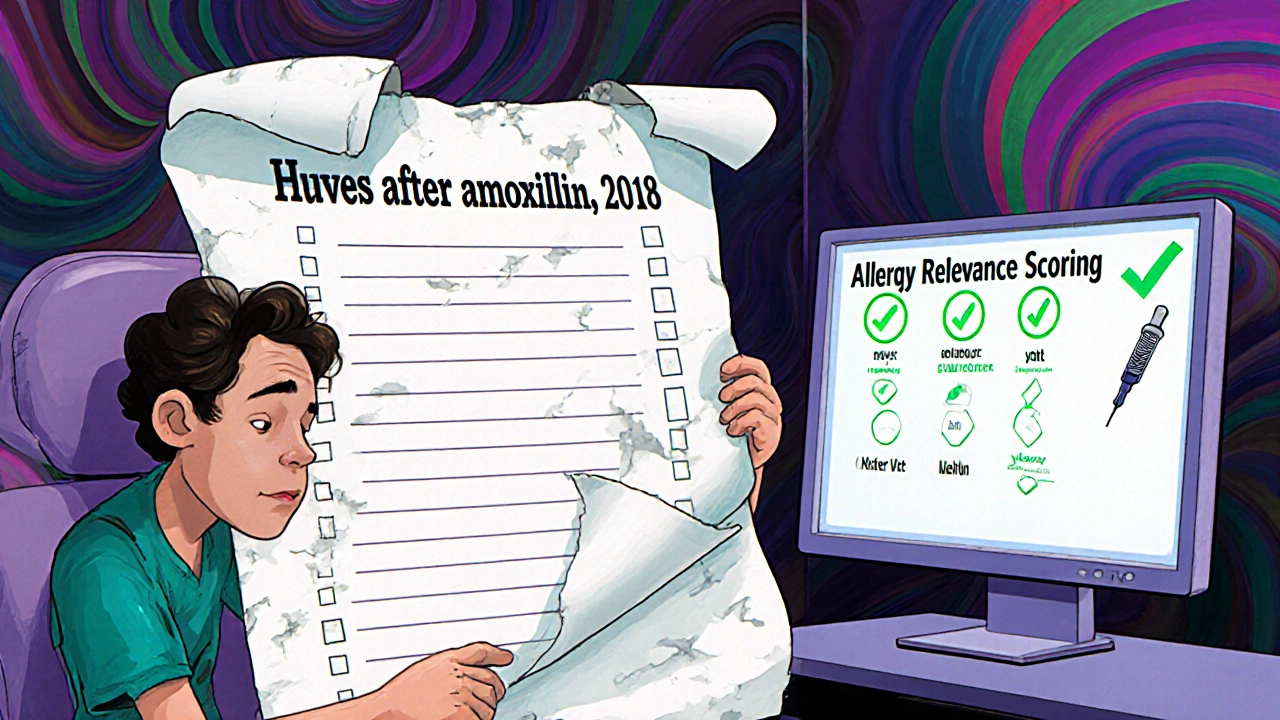 A patient rewrites an outdated allergy list as a digital interface displays clean, accurate alerts with a glowing skin test icon.