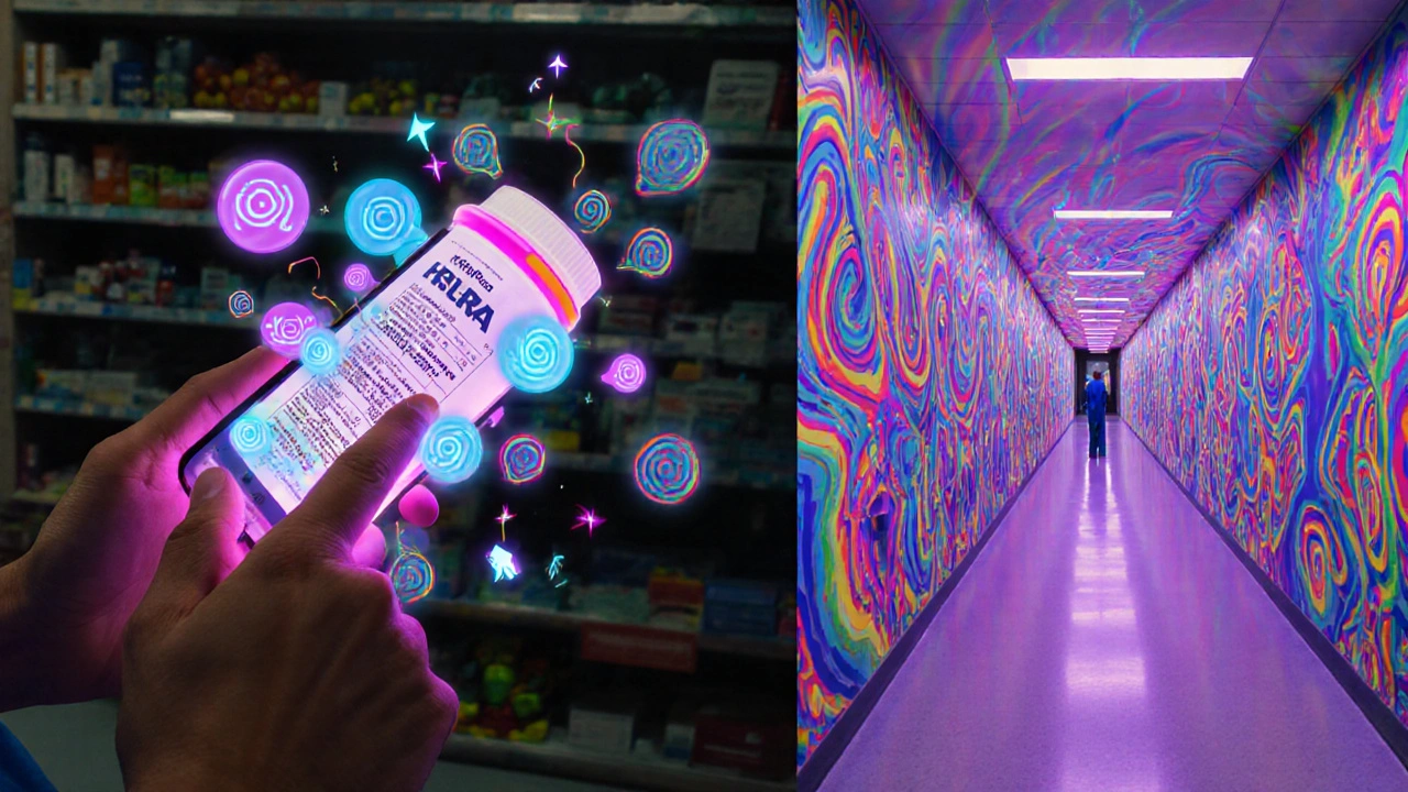 A patient scanning a pill bottle with a phone that projects glowing spoken words in vibrant, swirling neon colors.