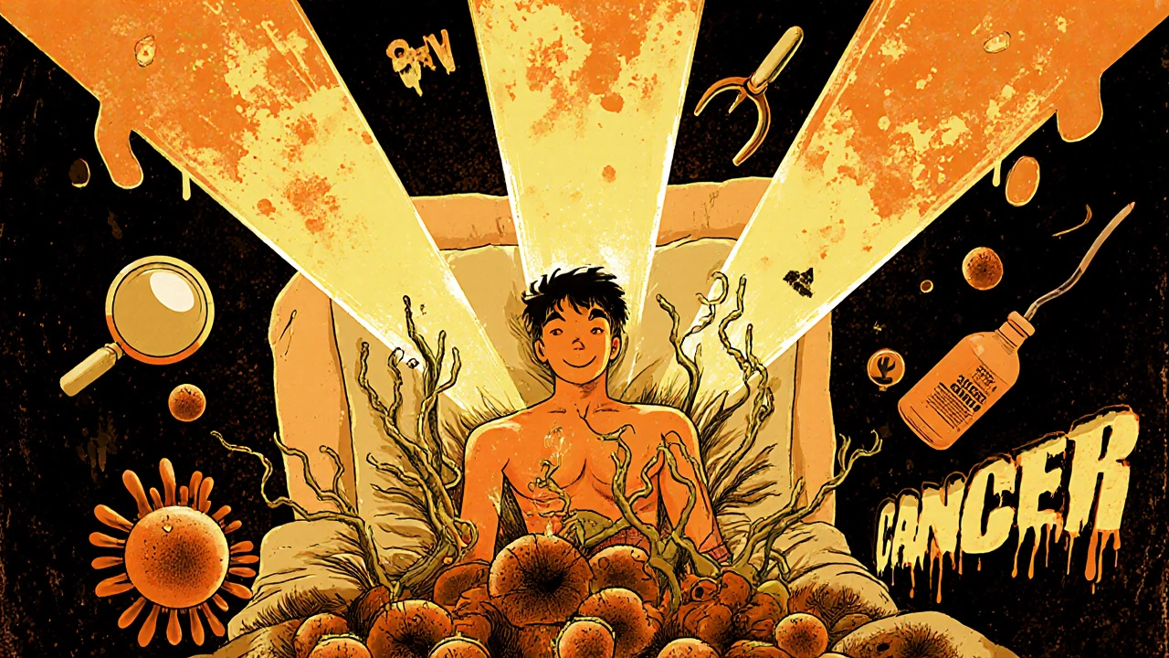 A person in a tanning bed with cancerous vines growing from skin, surrounded by medical symbols.