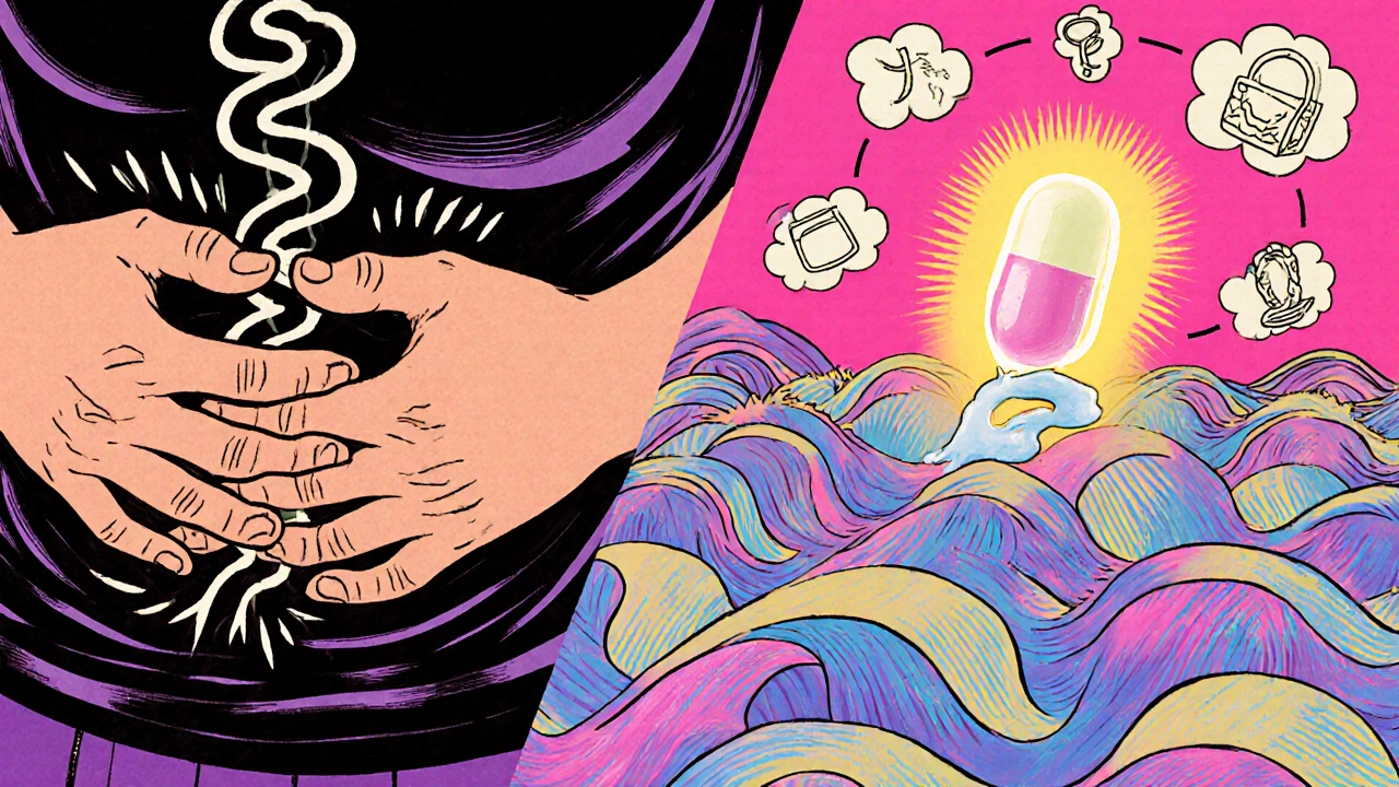 A person with abdominal spasms calmed by a glowing pill releasing relaxing waves in psychedelic style.
