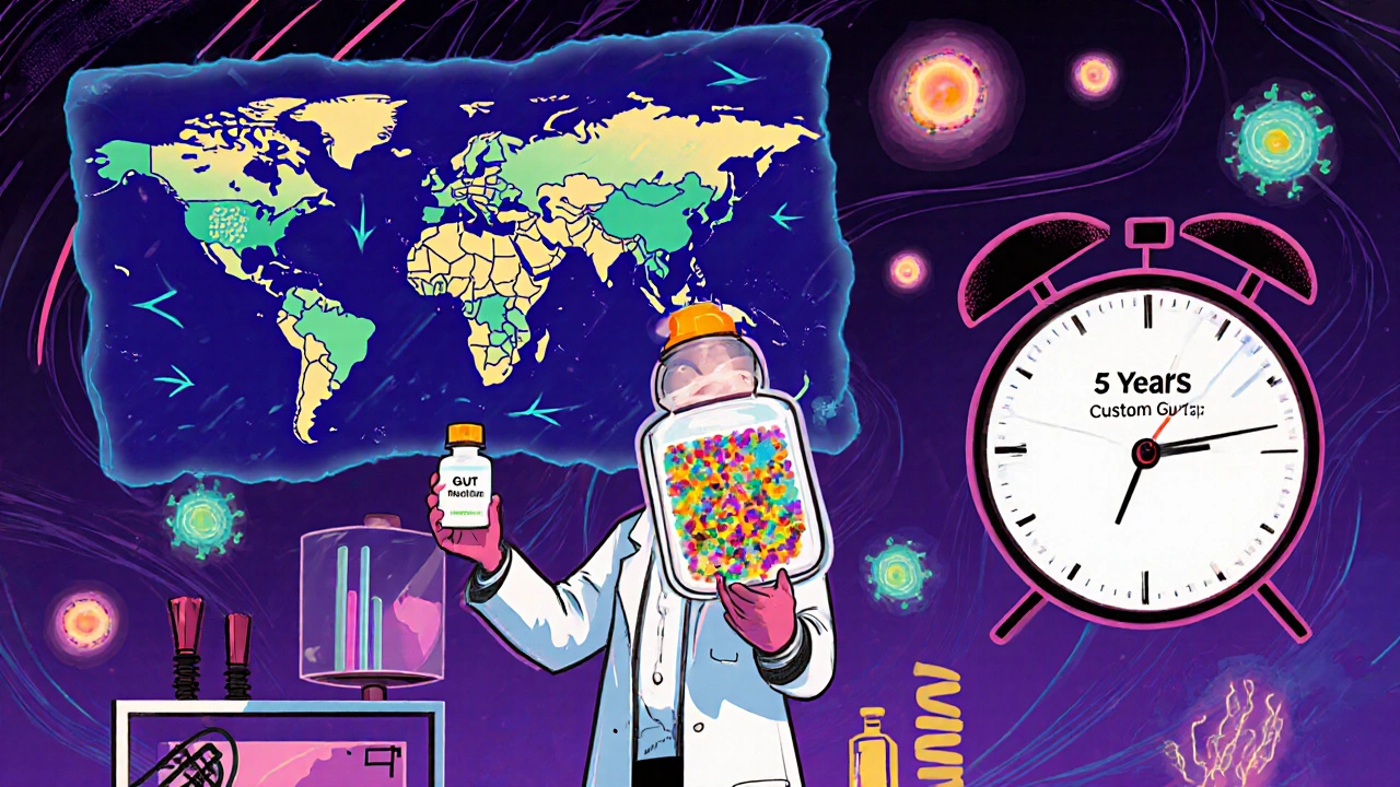 A scientist holding a personalized probiotic vial while a holographic gut map shows predicted metabolic pathways, with floating fibers and dissolving fat cells.