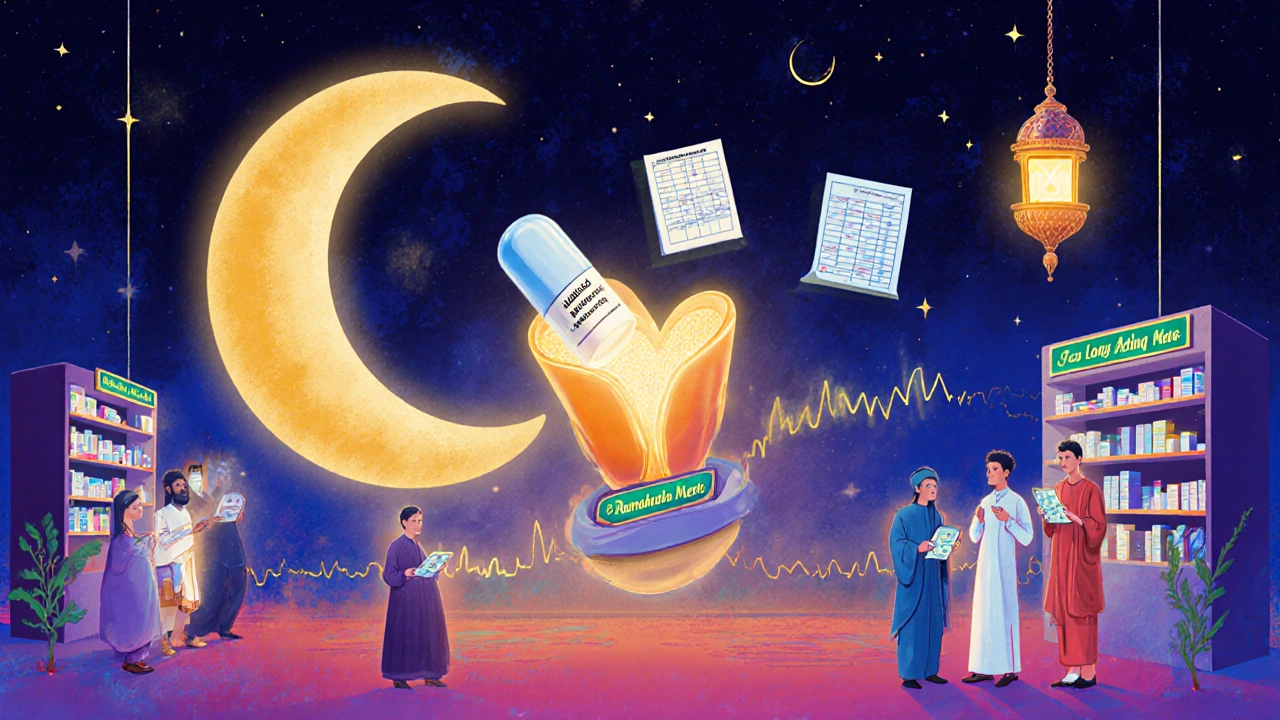 A surreal clinic with crescent-moon charts and a glowing thyroid pill, patients consult pharmacists under psychedelic lights.