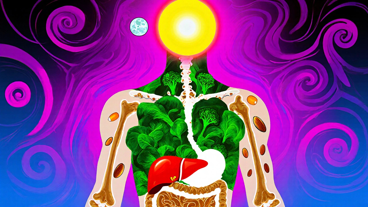 An abstract food-based human body glowing with nutrients and protected from medication stress.