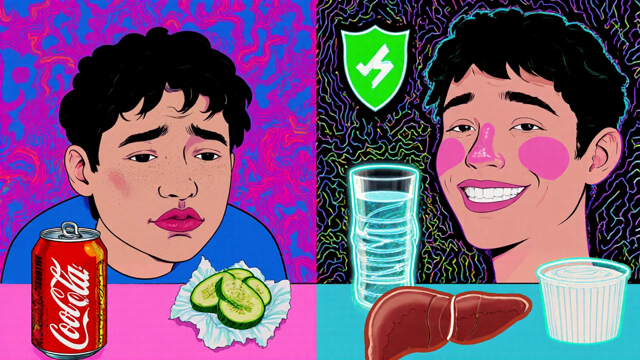 Contrasting unhealthy vs. healthy lifestyle choices with vivid psychedelic visuals.