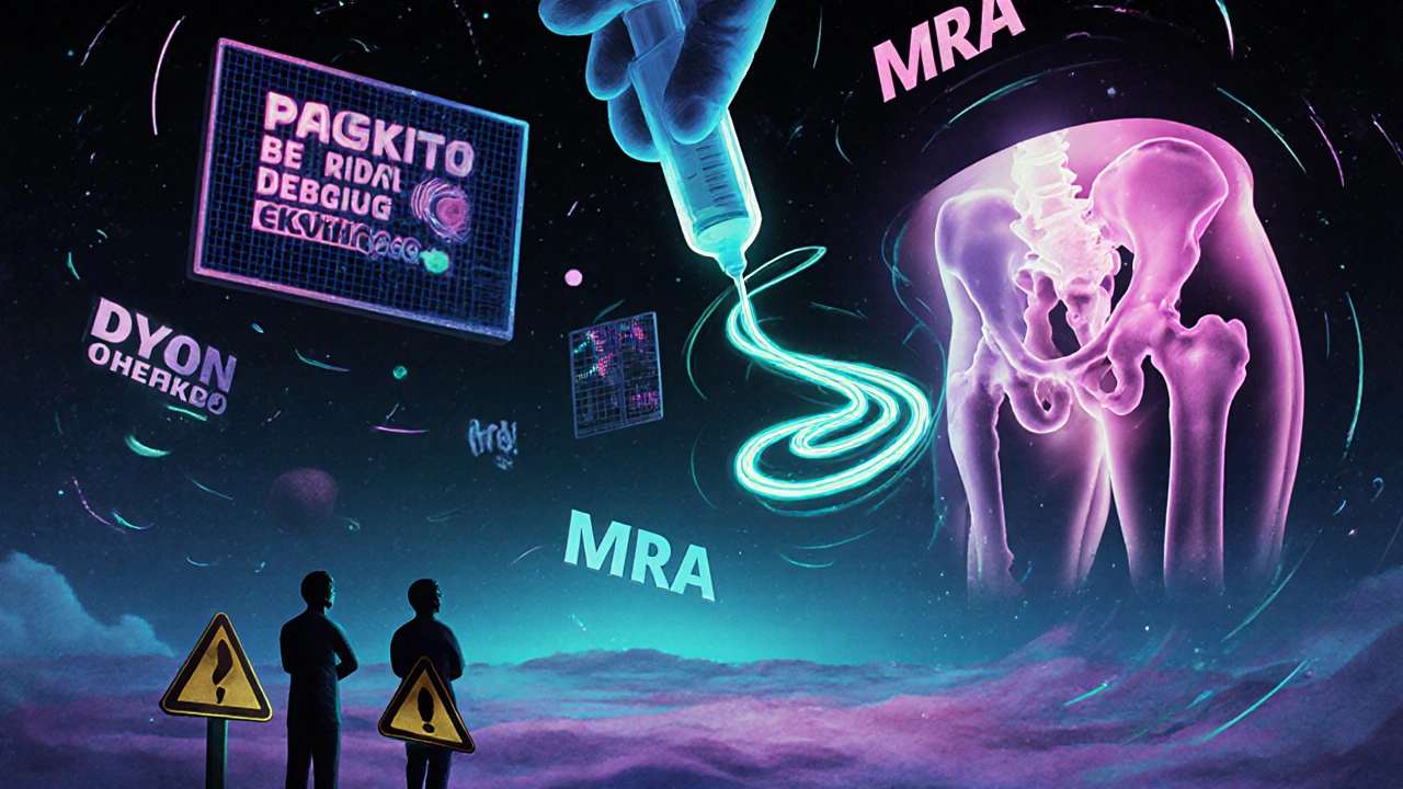 Doctor injecting glowing contrast dye into a floating hip joint during MRA, with neon diagnostic patterns swirling around.