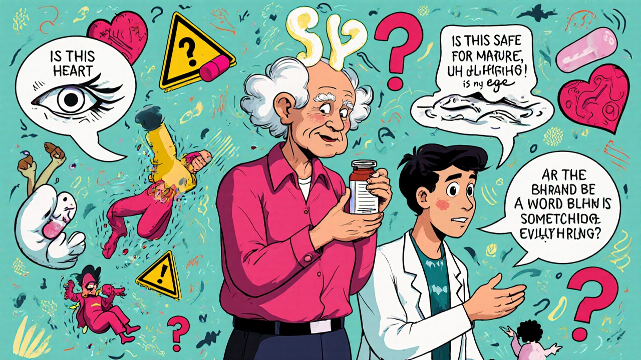 Elderly person questioning butylscopolamine safety with floating warning symbols around them.