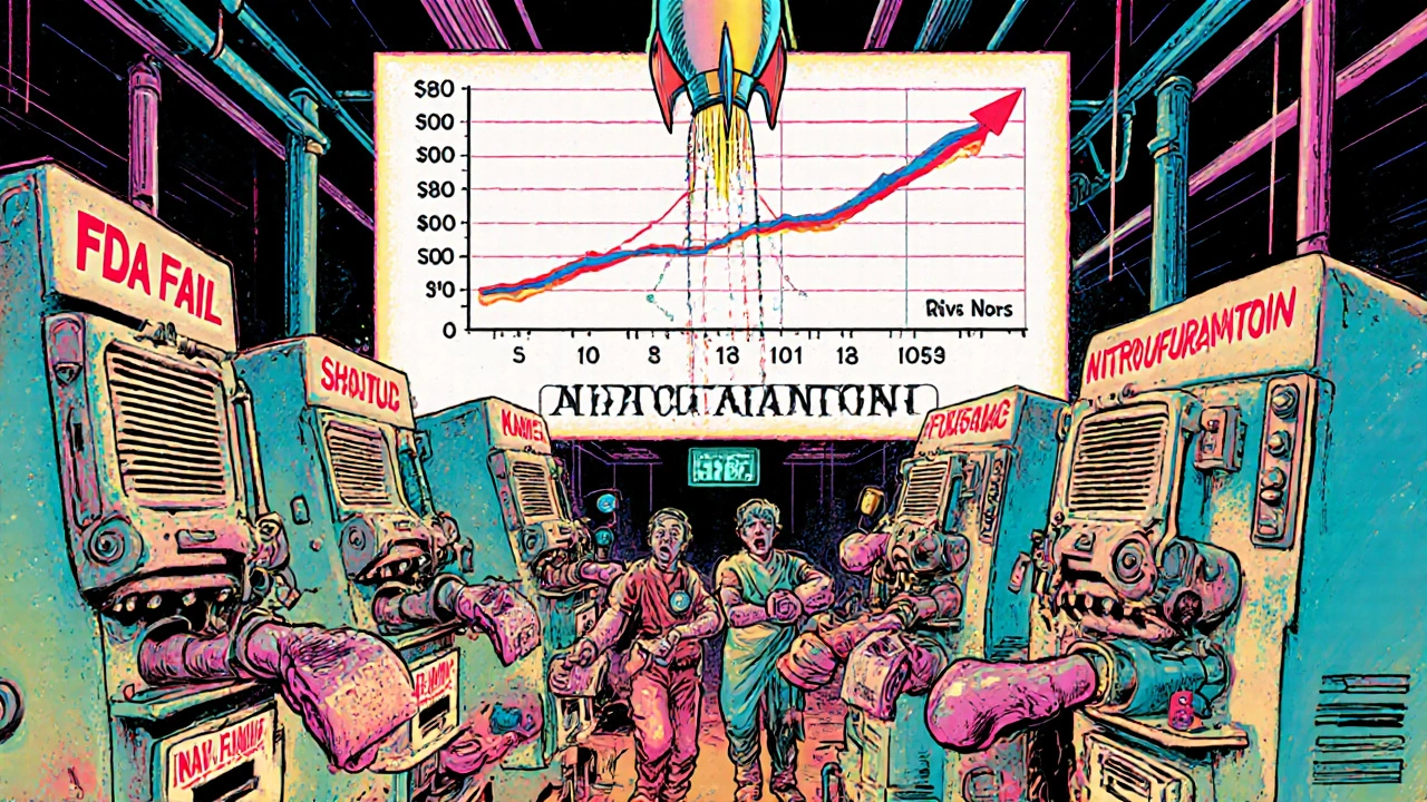 Factory with shut-down machines and a skyrocketing price graph for nitrofurantoin