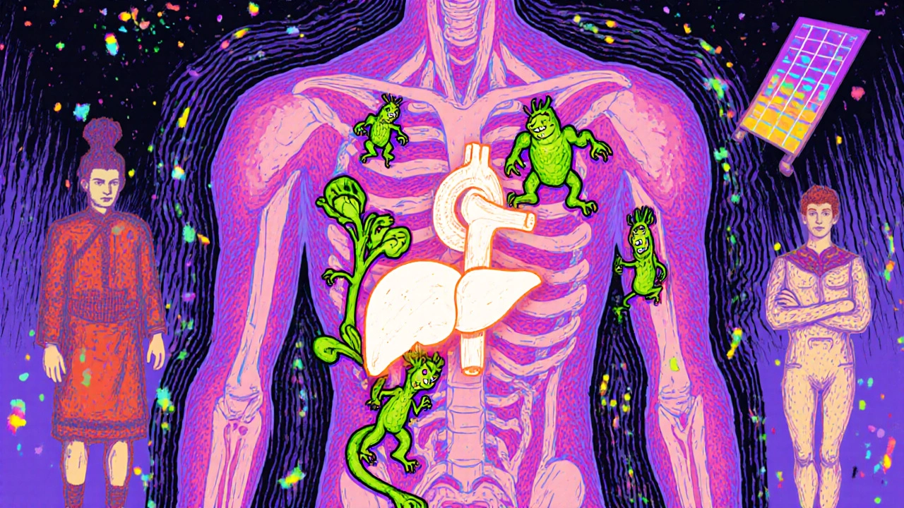 Human torso with glowing organs and adaptogen warriors taming stress monsters in psychedelic style.