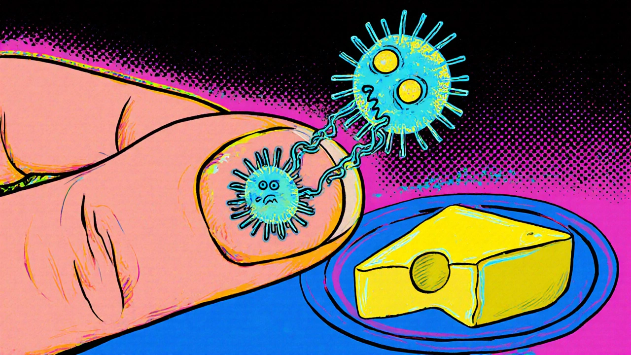 Magnified nail bed with cartoon fungi frozen by microtubule chains, fatty meal beside, neon psychedelic style.