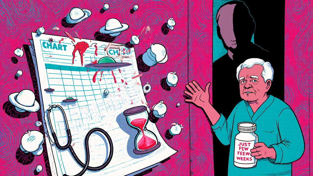 Medical chart dissolving into UFO-shaped white blood cells, with an elderly patient holding a PPI bottle.