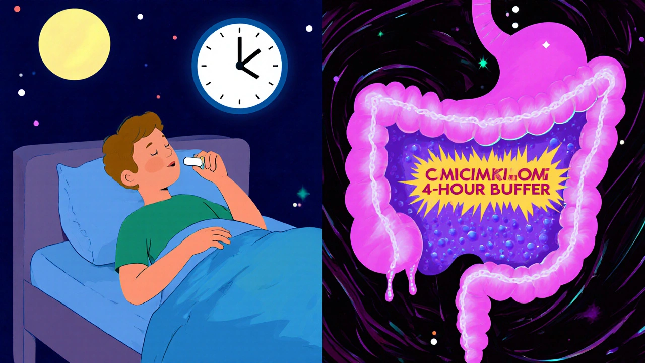 Nighttime levothyroxine dose with glowing stomach and blocked interfering substances.