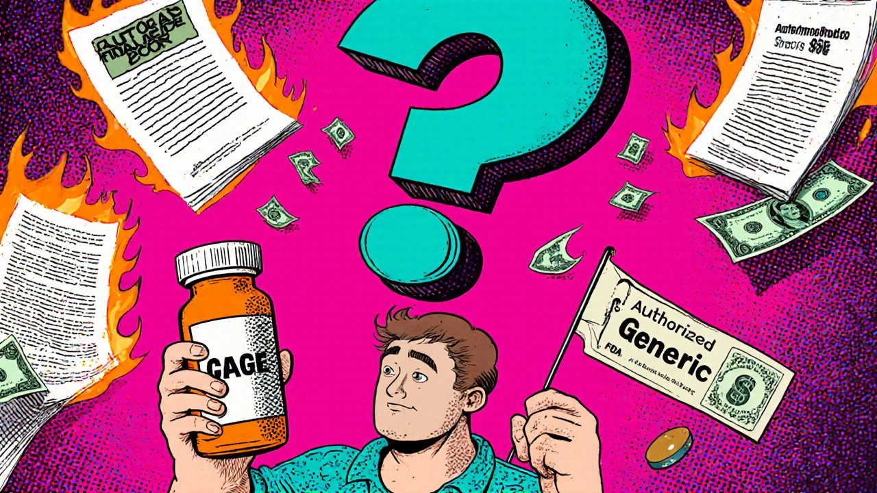 Patient confused between pill bottles, with floating FDA documents and price tags in vibrant colors
