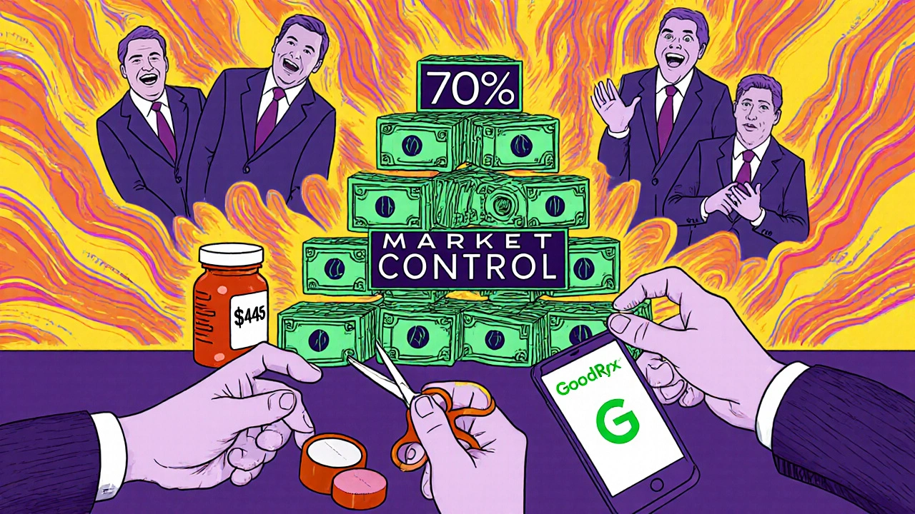 Patient cutting pill in half while GoodRx app glows beside ghostly executives