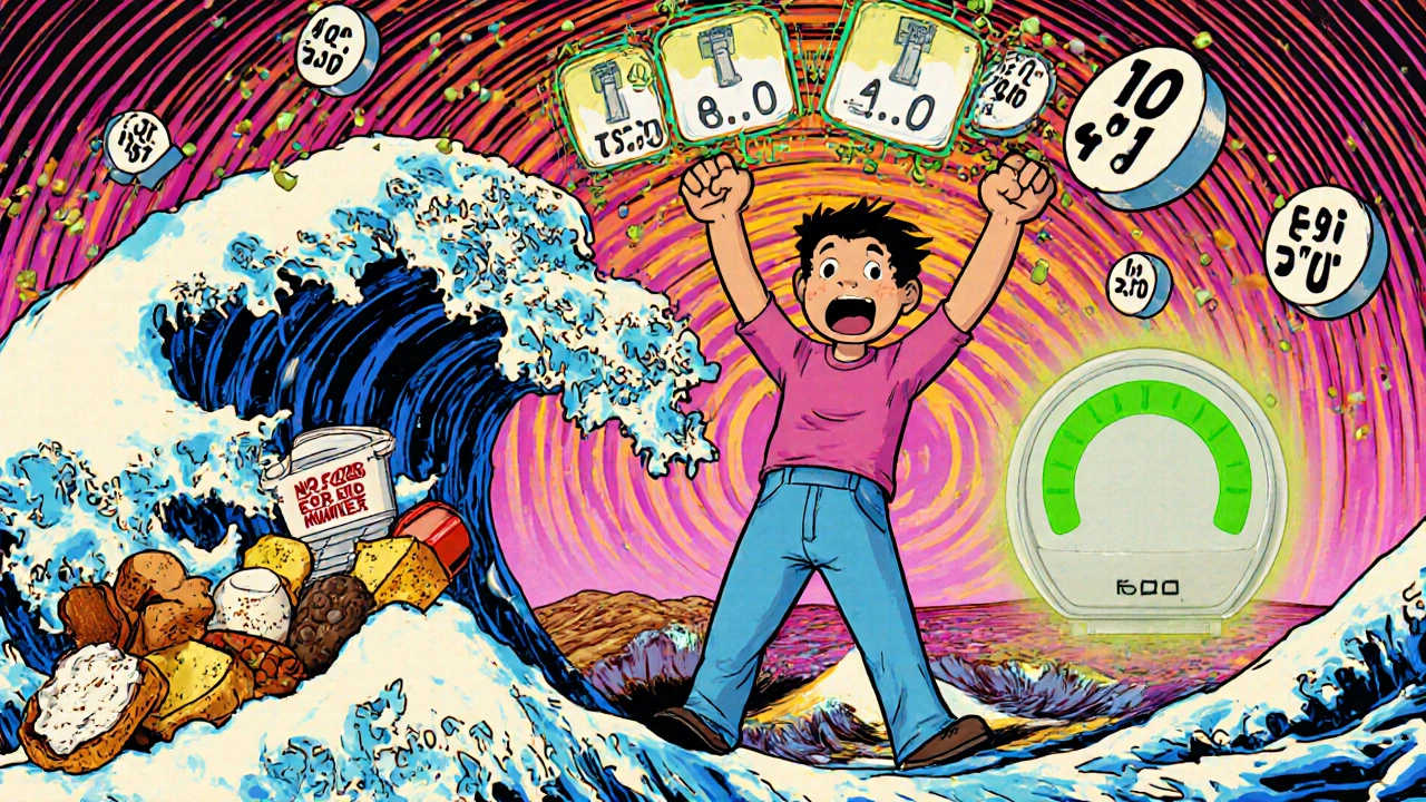 Patient holding pill organizer as breakfast foods crash against a force field.