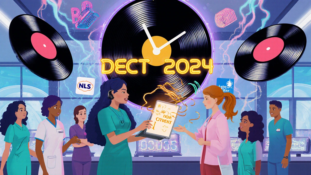 Patients and staff in a clinic surrounded by floating audio portals and glowing voice messages, with a neon countdown to 2024.