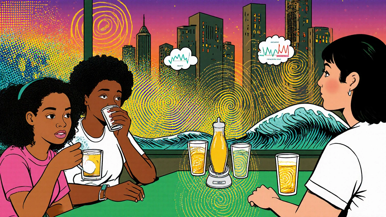 People in a city café drinking Jiaogulan tea with abstract energy waves radiating from their cups.