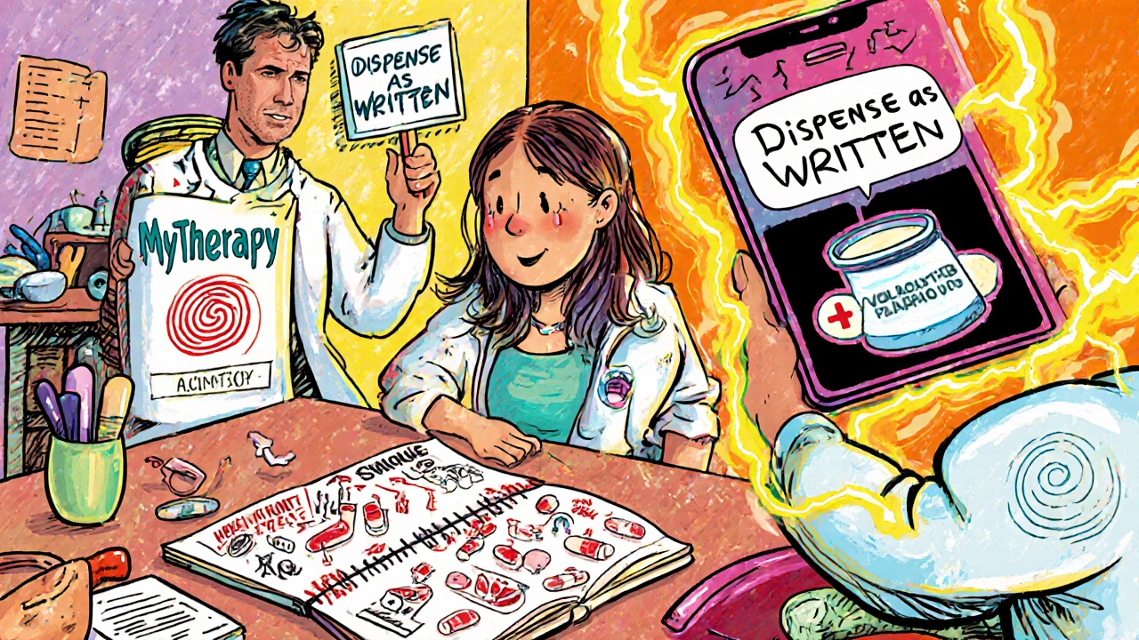 Person journaling symptoms with app alerts and doctor&#039;s note in vibrant cartoon illustration.