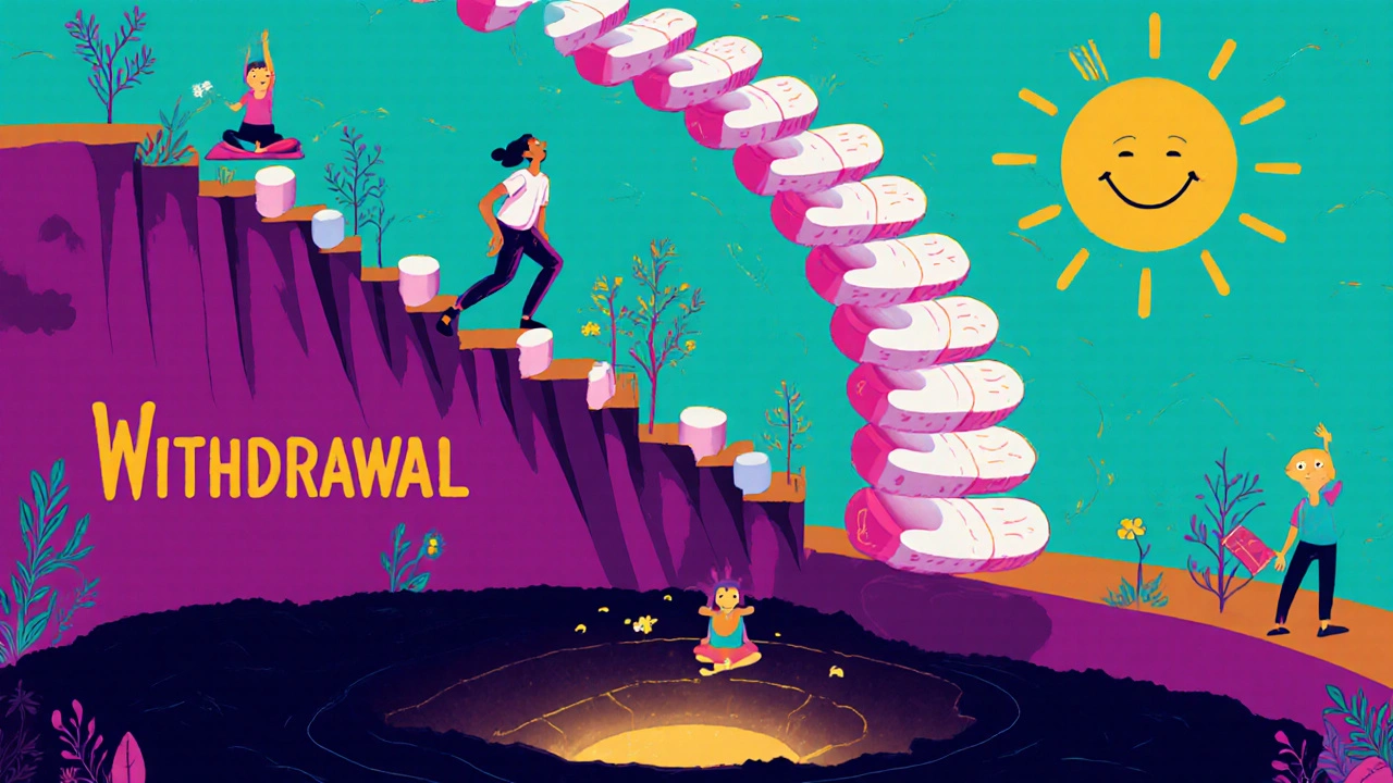 Person stepping down a dissolving pill staircase toward healing, guided by light