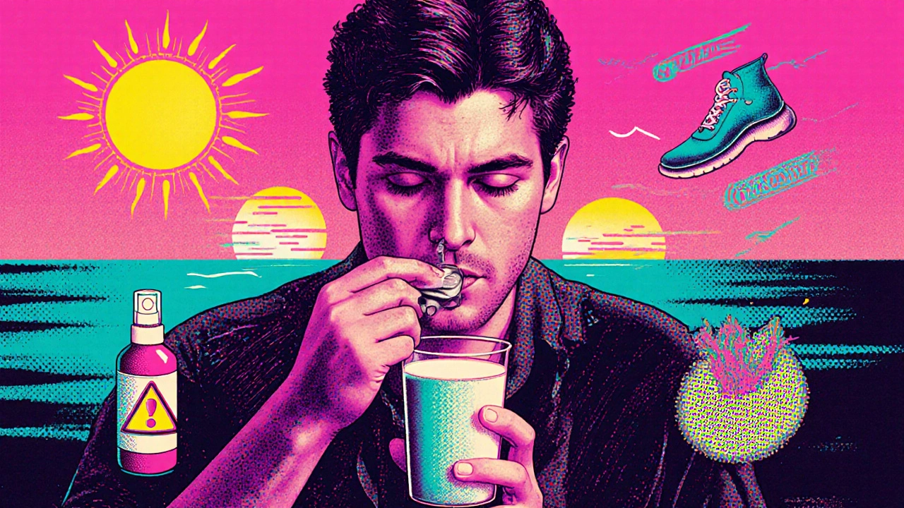 Person taking Grifulvin V with milk at sunset, surrounded by symbolic icons of sun, birth control, and healing hair.