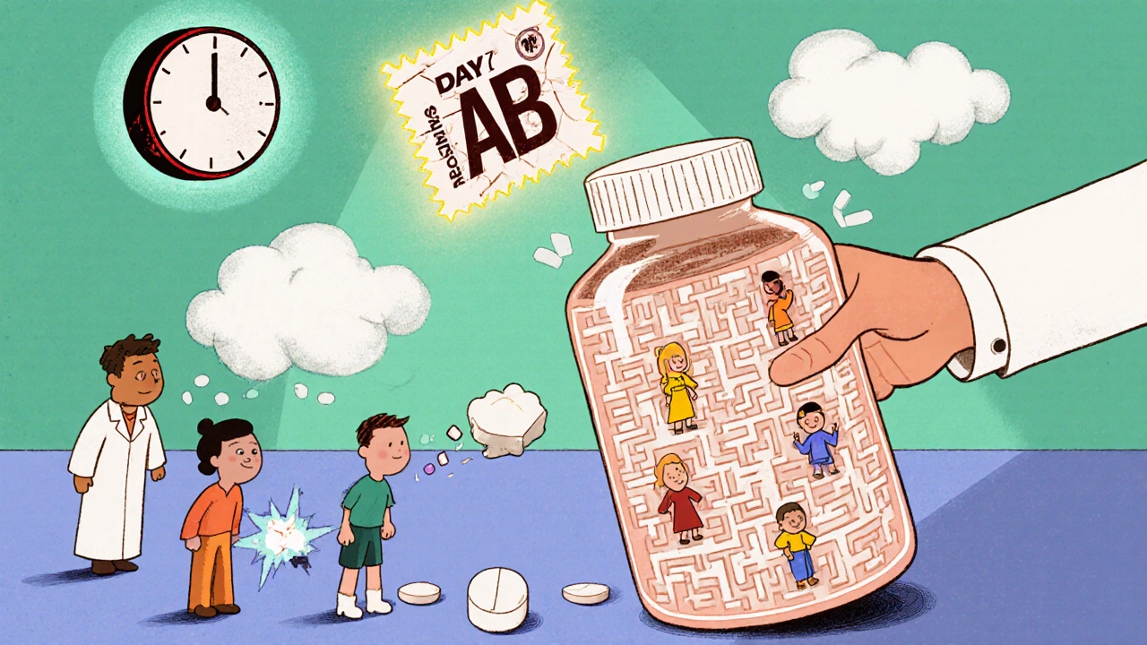 Pharmacy counter with pill bottle turning into a maze of inactive ingredients causing chaos.