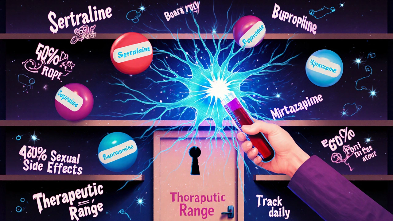 Pharmacy shelf becomes brain with floating pills and blood test key unlocking therapeutic range