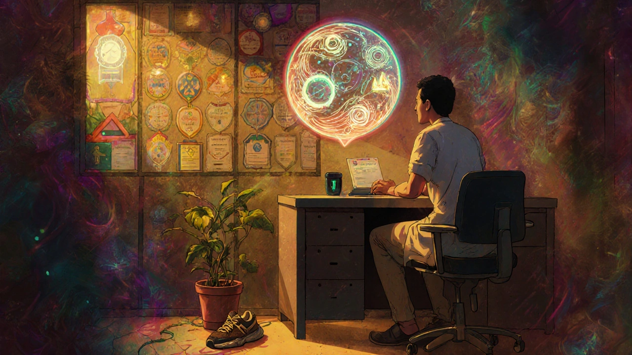 Provider paused mid-conversation as an AI summary hovers above their desk, surrounded by glowing certification badges.