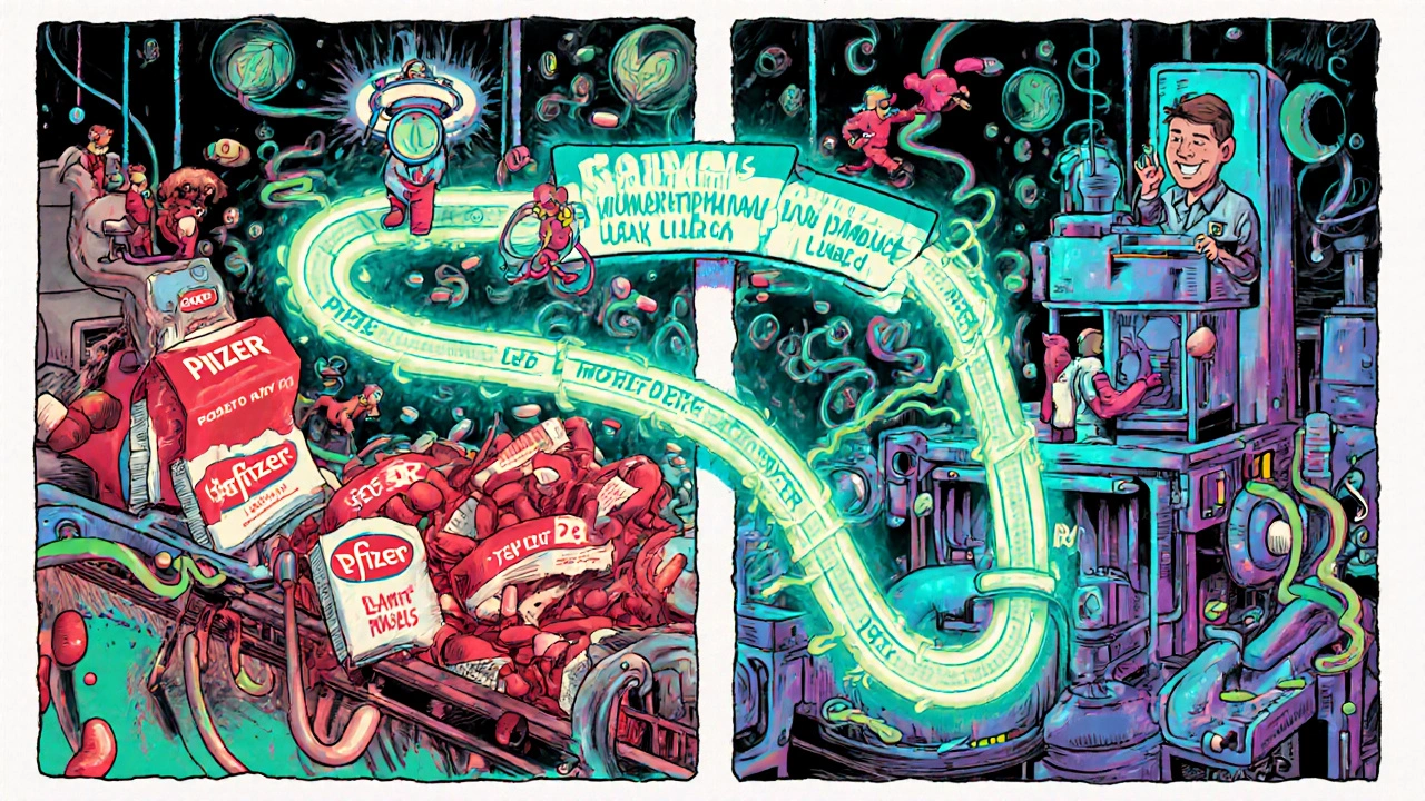 Same factory production line showing branded and plain pills made on identical machines