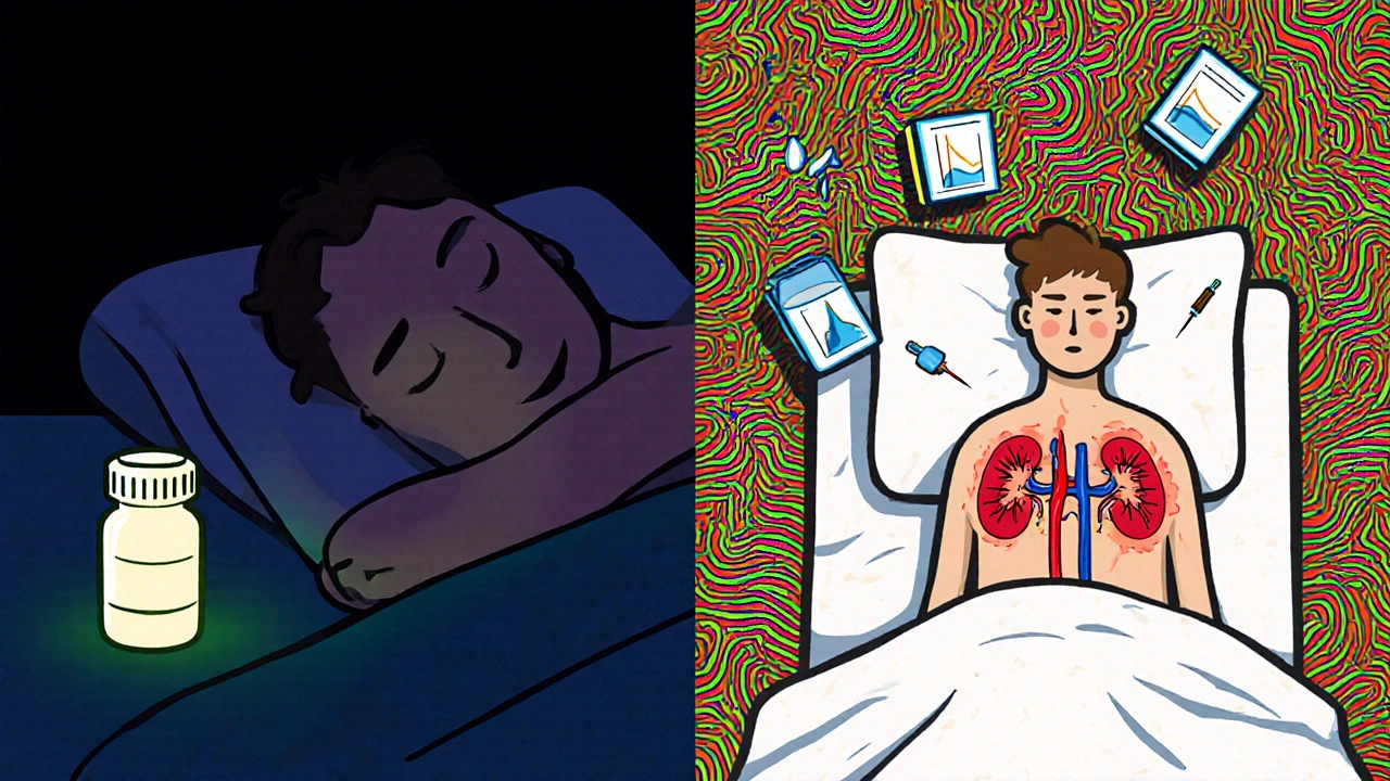 Split scene: peaceful sleeper vs. hospitalized patient with inflamed kidneys and floating medical symbols.