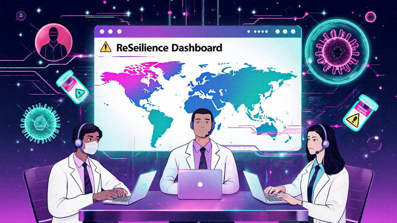 Supply chain analysts monitoring a holographic resilience dashboard, repelling cyber threats with AI shields.