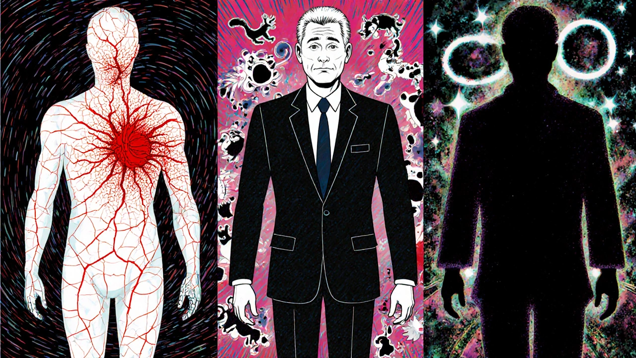 Three human figures transforming into symbols of different dementias amid swirling 1960s-style psychedelic backgrounds.