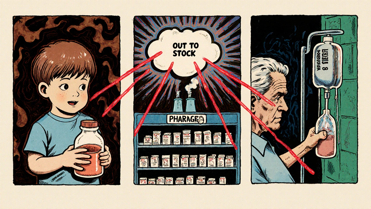 Three patients affected by drug shortages, connected to a storm shaped like a factory.