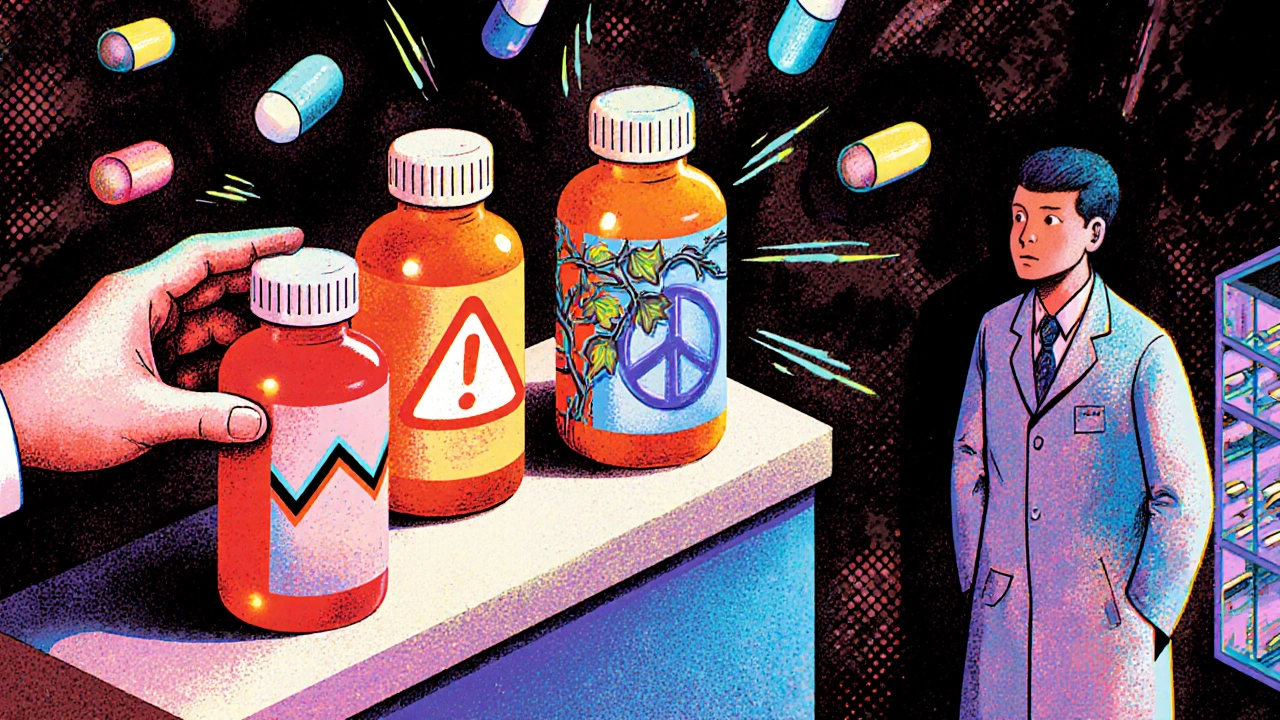Three statin bottles are being swapped at a pharmacy, with one calming blue bottle replacing others with warning signs.