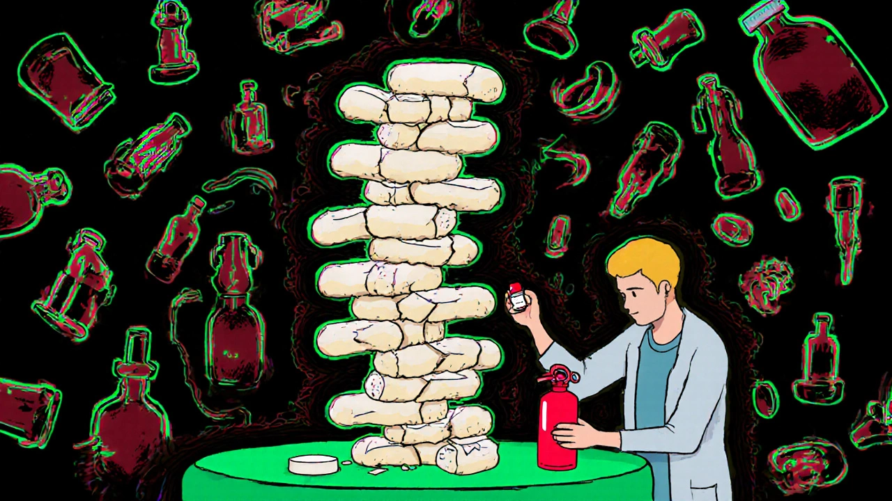 Towering stack of pills about to collapse as pharmacist hands patient naloxone vial