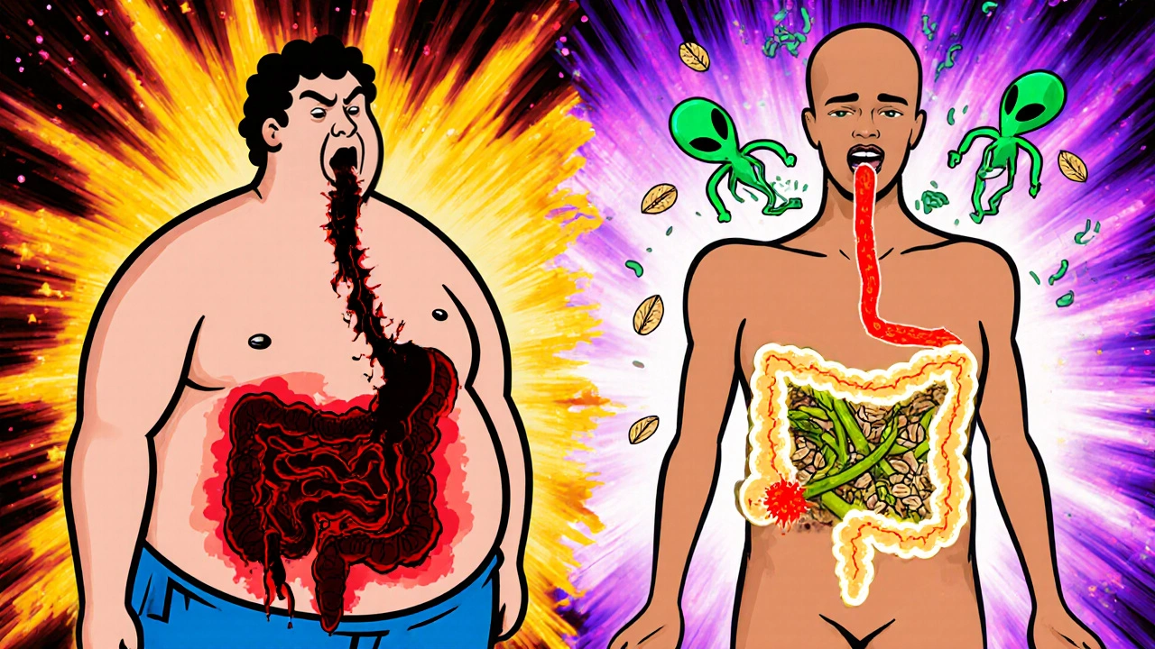 Two contrasting human figures: one with a leaking gut and inflammation, the other with a healthy gut fed by fiber-rich foods and probiotic bacteria.