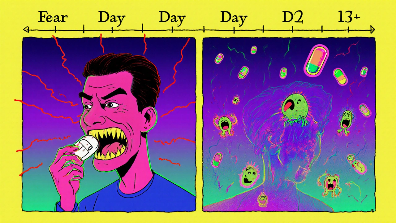 Two people taking the same pill: one sees terrifying monsters, the other sees fading friendly shapes.