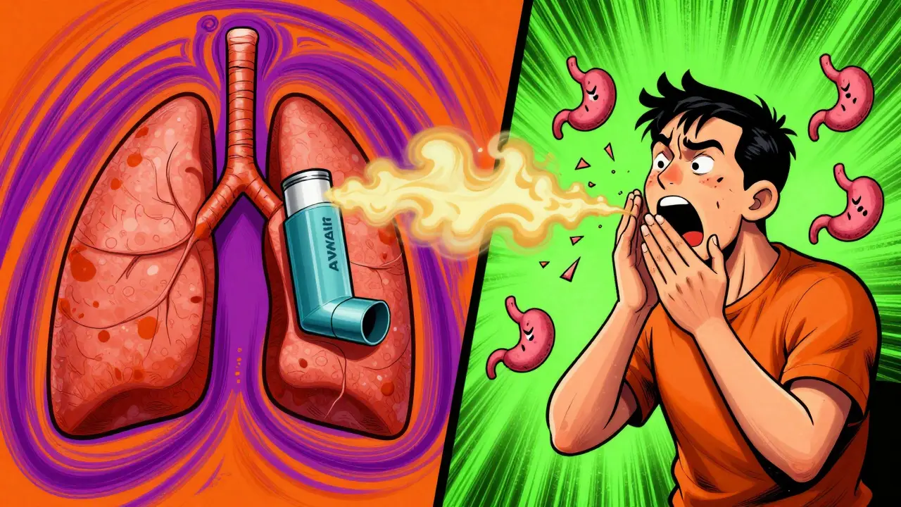 A brand inhaler releasing smooth mist vs. a generic spitting jagged particles, with patient reactions around them.