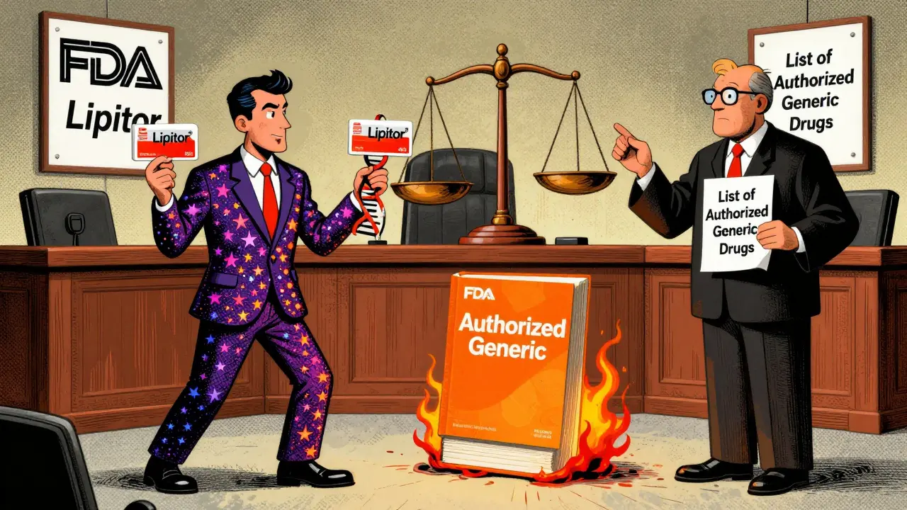 A brand-name drug and its authorized generic version argue in court, with a burning Orange Book at their feet.