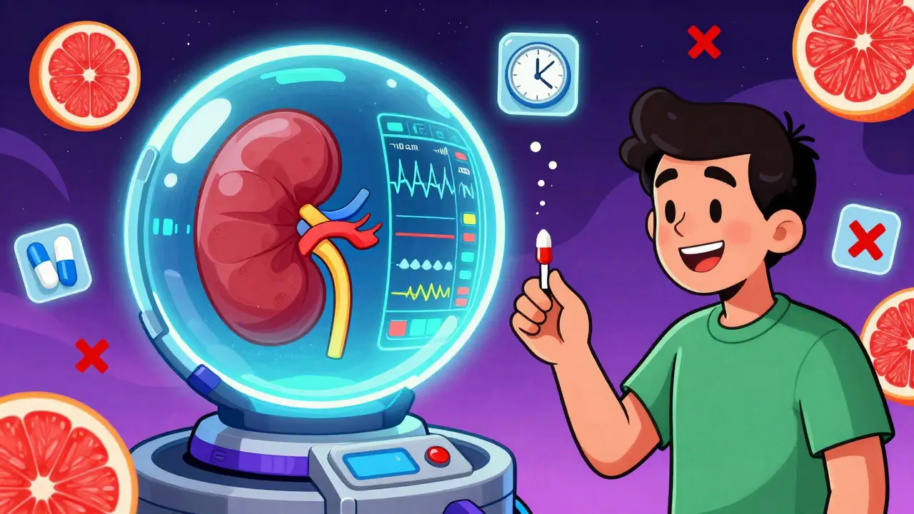 A futuristic device projecting a holographic kidney with real-time drug levels, beside a patient and warning icons.