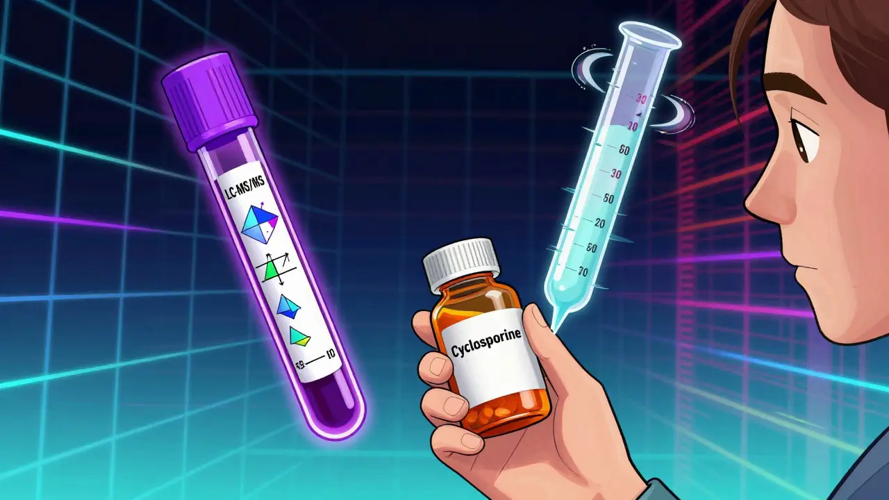 A patient beside two competing blood test tubes, one accurate and one distorted, with neon therapeutic ranges.
