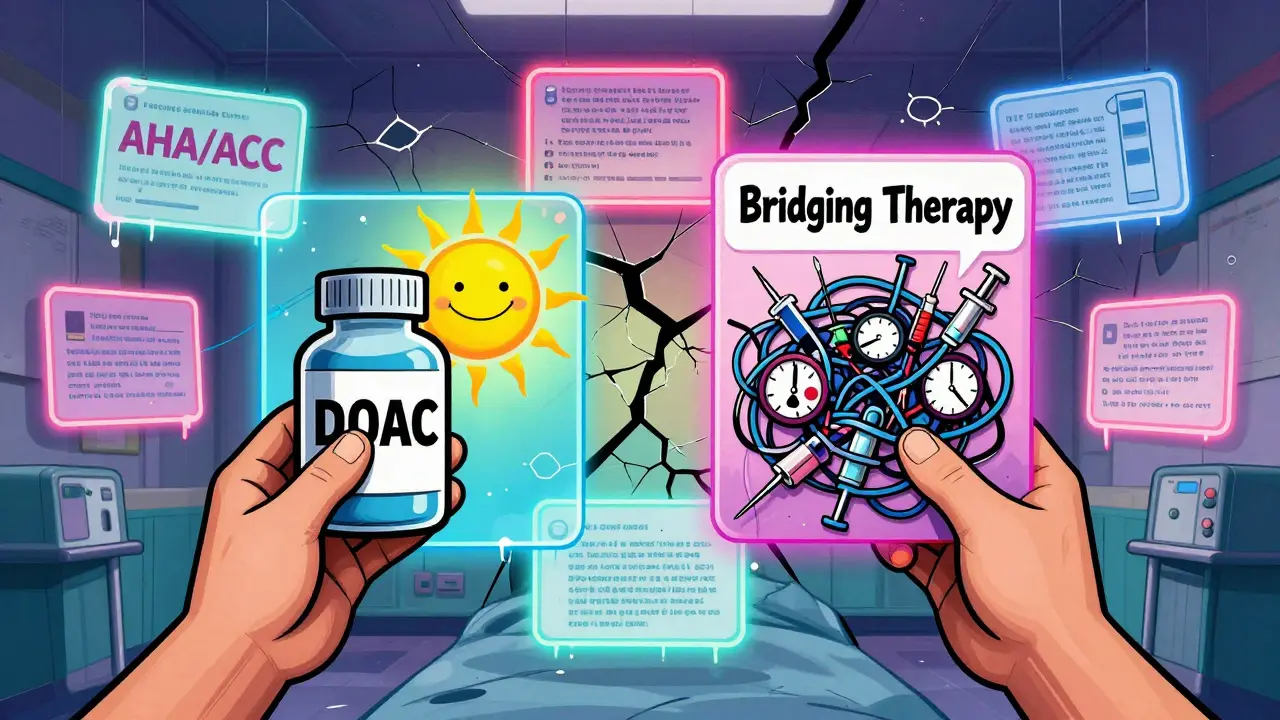 A patient choosing between a simple pill and a tangled web of needles, with glowing medical guidelines in the background.