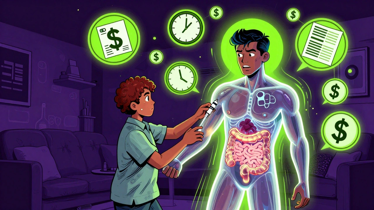 A patient giving themselves a biologic injection while floating symbols of cost and time swirl around them.