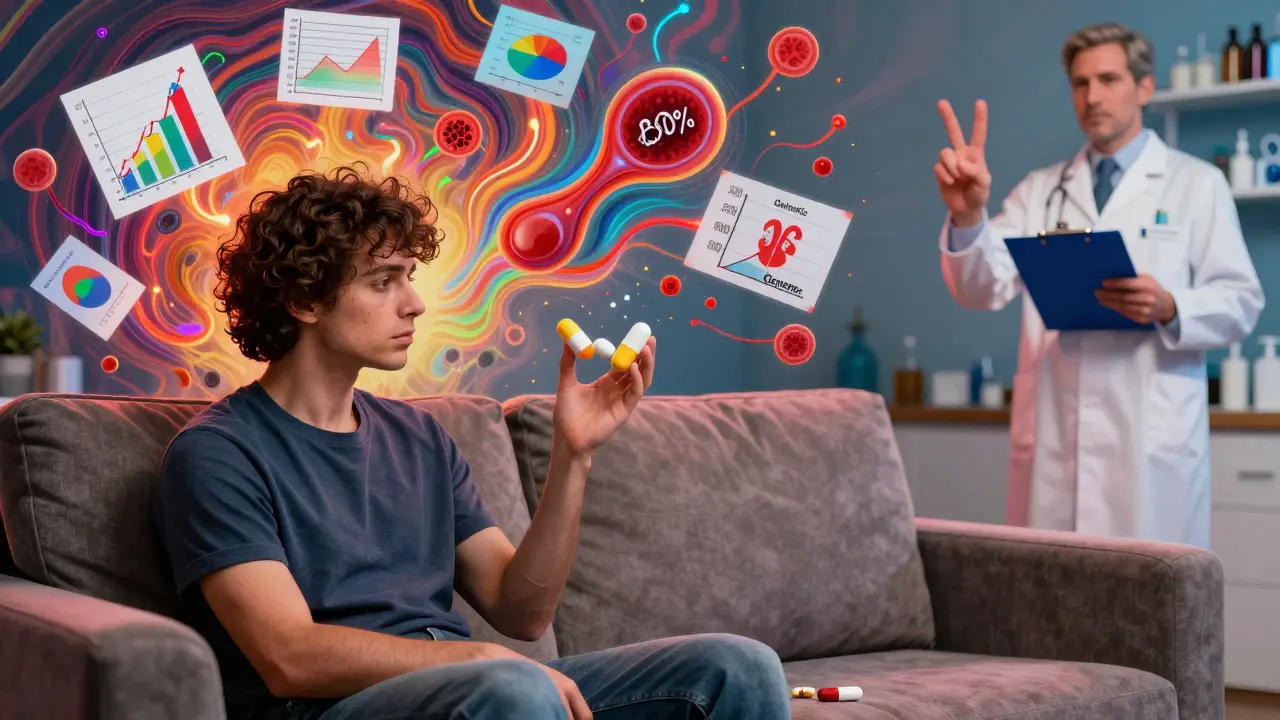 A patient staring at pills as their mind shows medical graphs in vibrant patterns