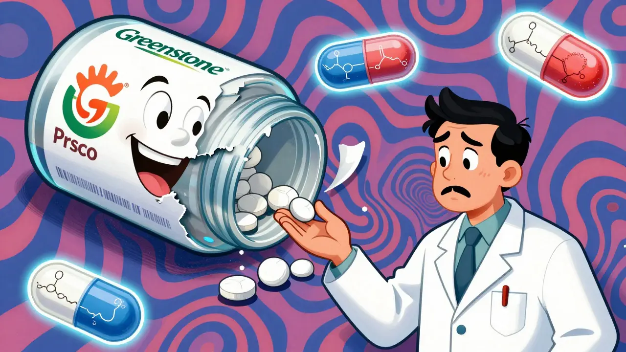 A pharmacist gives an unbranded pill to a patient while a corporate logo peels off a branded bottle.