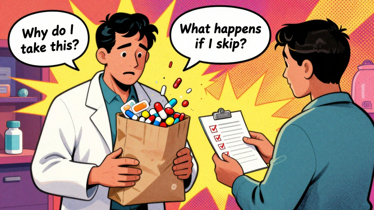 A pharmacist reviewing medications in a brown bag with a patient, highlighting medication safety check.