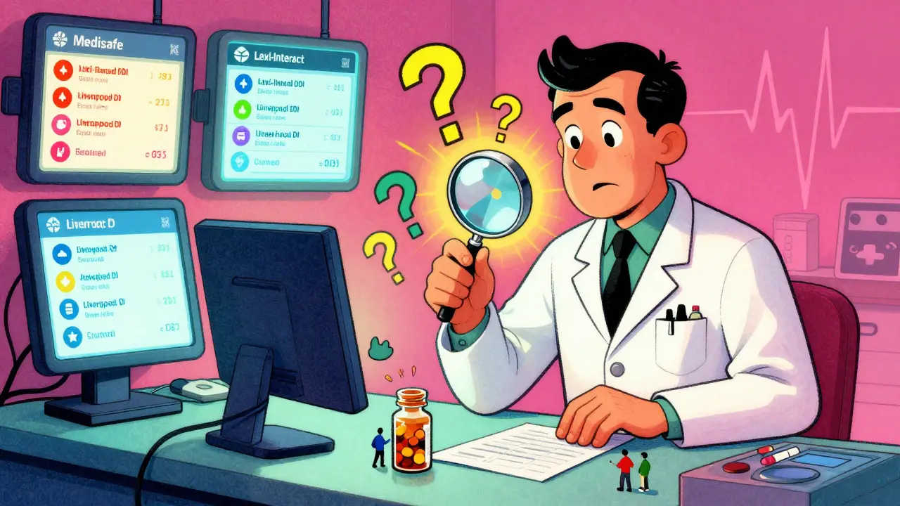 A pharmacist surrounded by multiple drug checker screens with conflicting alerts.