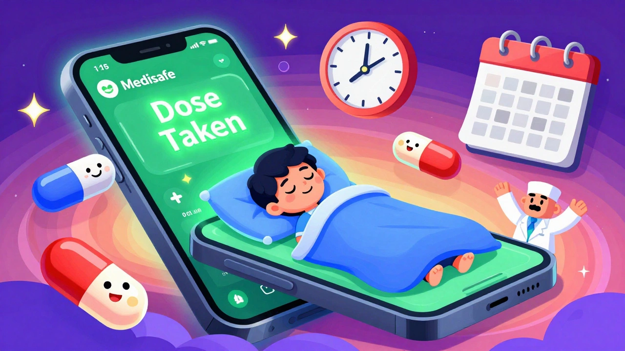 A smartphone app reminding a patient to take meds, with friendly pill icons and synchronized refill calendar.