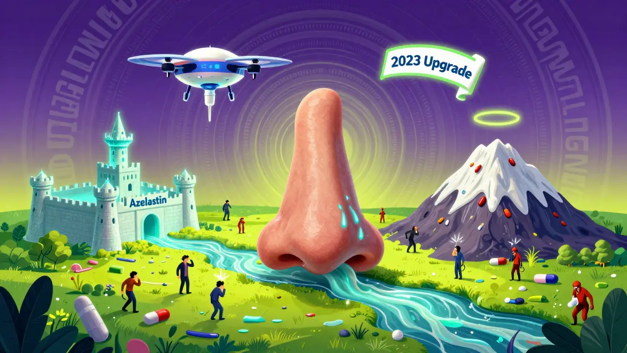 A surreal giant nose landscape with mucus rivers, antihistamine fortress, steroid mountain, and futuristic spray drone in psychedelic colors.