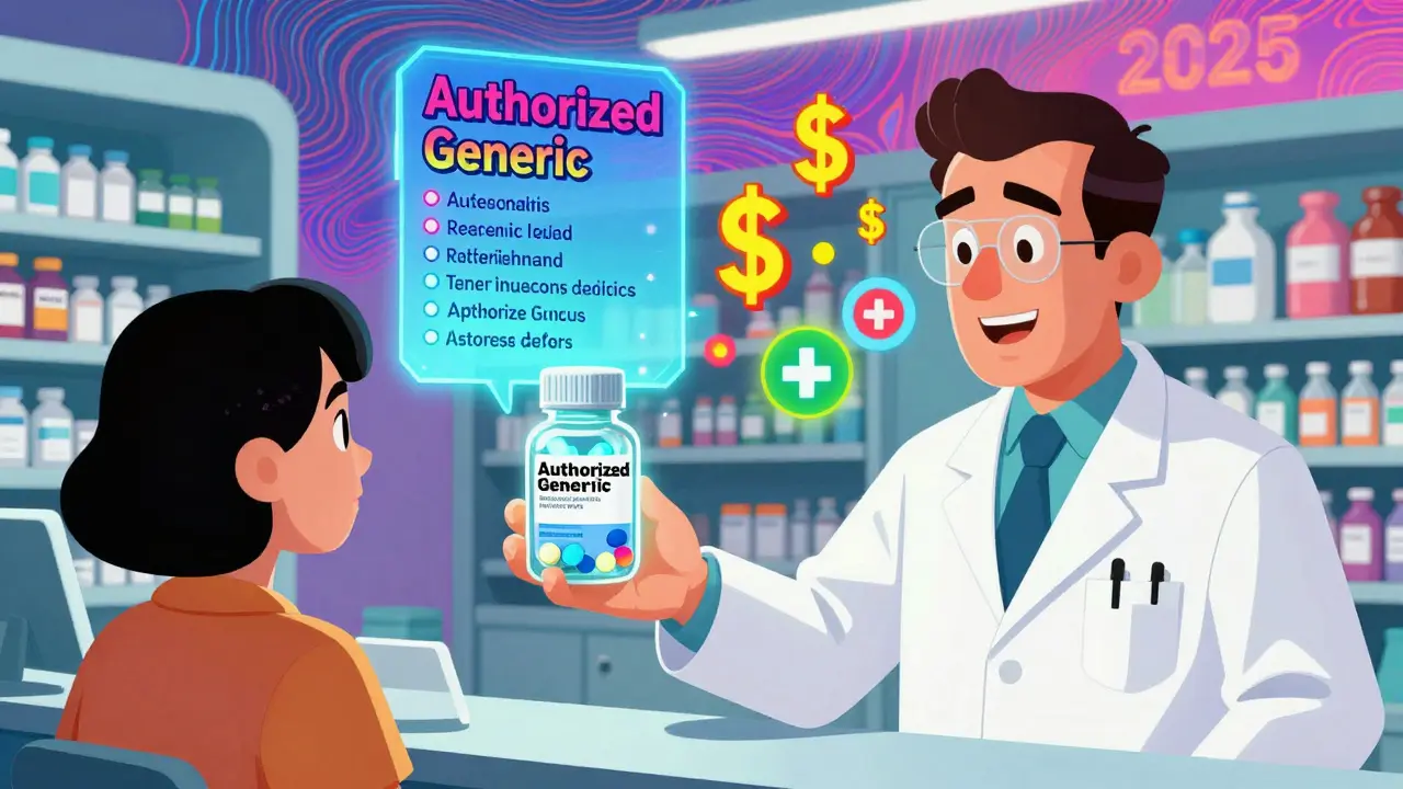 A transparent authorized generic pill with glowing internal components, surrounded by floating ingredient labels in vibrant style.