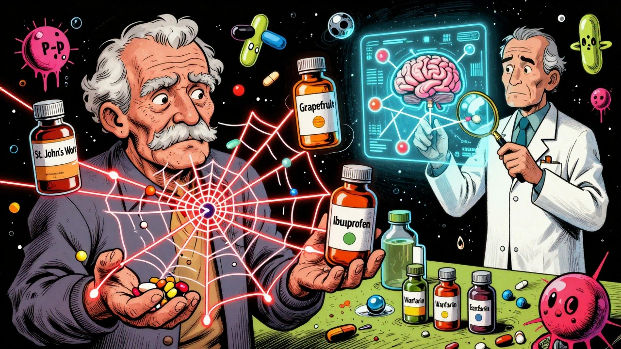 An elderly person surrounded by interacting medications with warning lines and AI analysis.